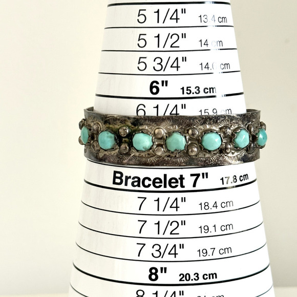 Vintage 925 Sterling Silver Turquoise Native American Etched Cuff Bracelet 6.5" - Picture 10 of 11